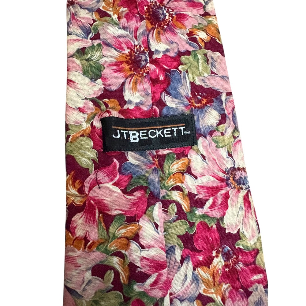 JT Beckett Floral Neck Tie Pink Blue Burgundy Mens 59" x 4" Wide Necktie - Picture 6 of 6